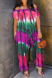 Fashion Casual Print Tie Dye Backless Off the Shoulder Regular Jumpsuits