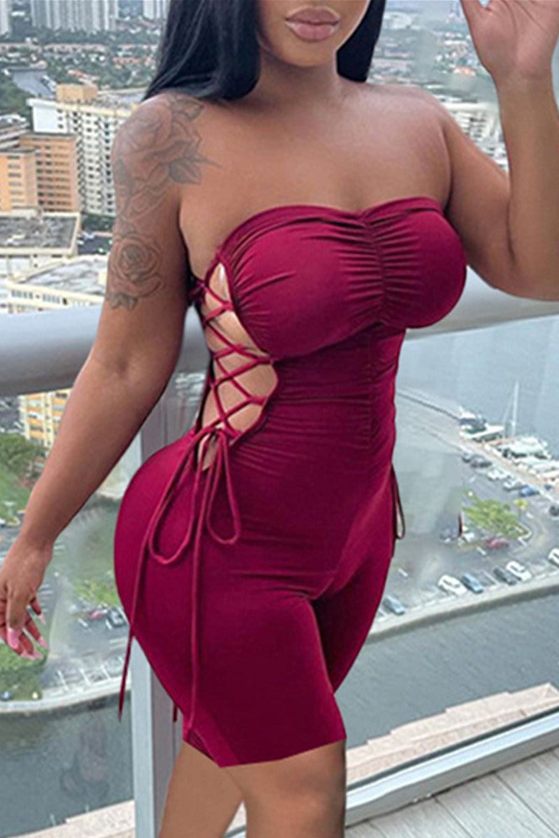 Fashion Sexy Solid Backless Strap Design Strapless Skinny Romper