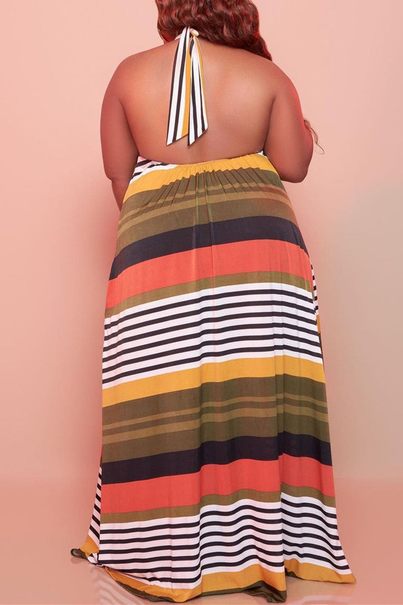 Fashion Sexy Plus Size Striped Print Backless Halter Sleeveless Dress