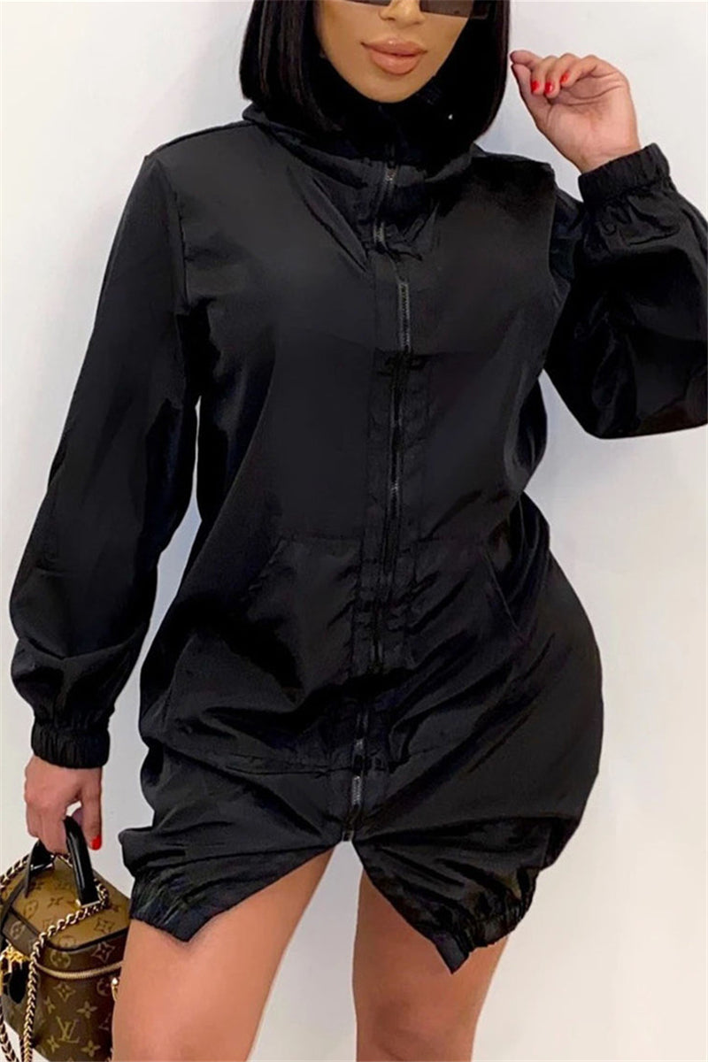 Casual Polyester Solid Split Joint Pocket Zipper Collar Long Sleeve A Line Dresses