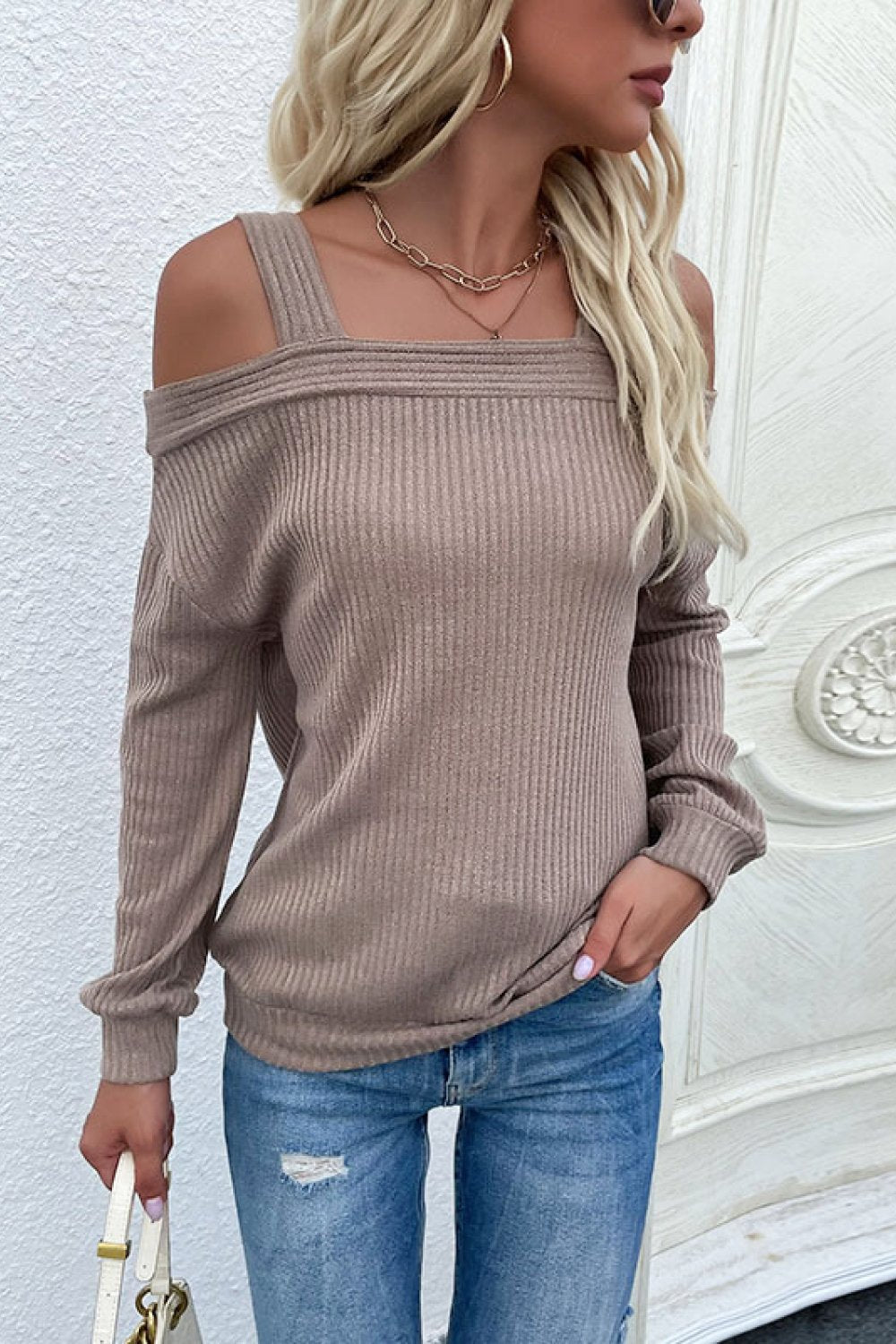 cold shoulder rib knit sweater