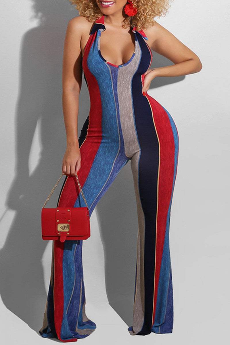 Fashion Sexy Striped Print Backless Halter Regular Jumpsuits