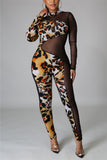Fashion Sexy Patchwork Print See-through Skinny Jumpsuits