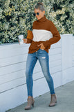 color block funnel neck cable knit sweater