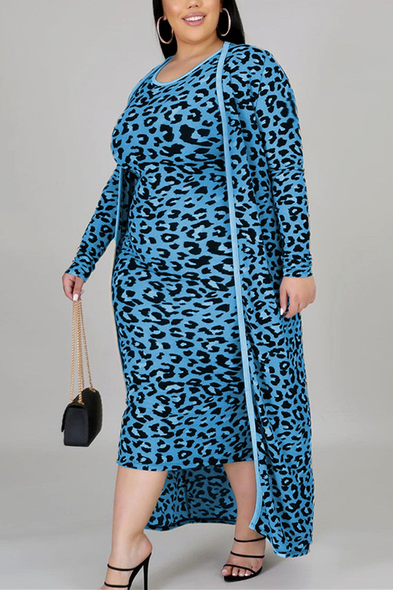 Fashion Casual O Neck Long Sleeve Regular Sleeve Leopard Print Plus Size Set (Without Belt)