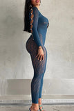 Street Solid Hollowed Out Patchwork See-through Beading Mesh O Neck Skinny Jumpsuits