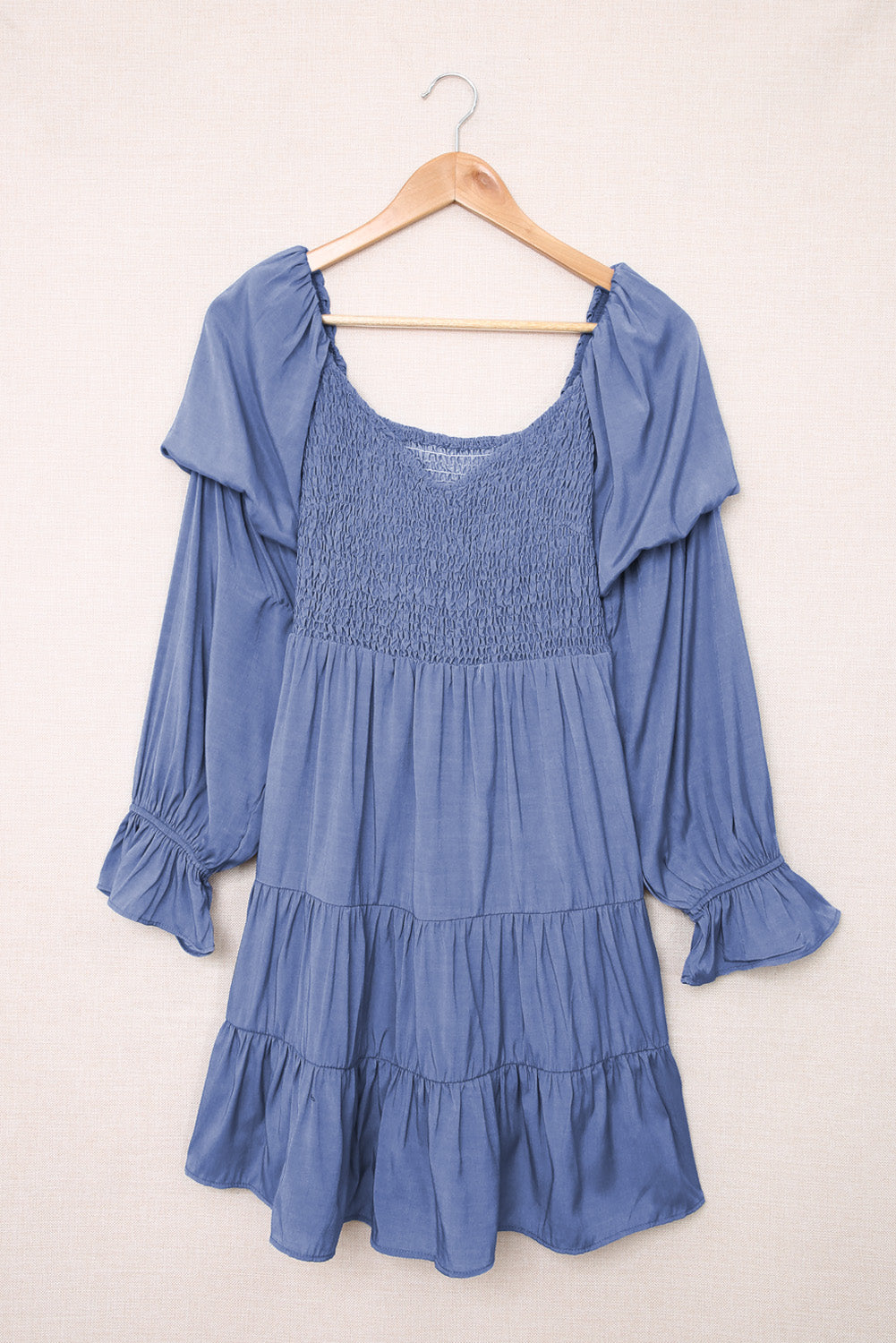smocked pleated off shoulder tiered casual mini dress