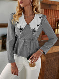 gingham embroidered statement collar peplum blouse