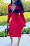 Polyester Fashion Sexy adult Ma'am Cap Sleeve Long Sleeves half high collar Step Skirt Mid-Calf Solid chain Dresses