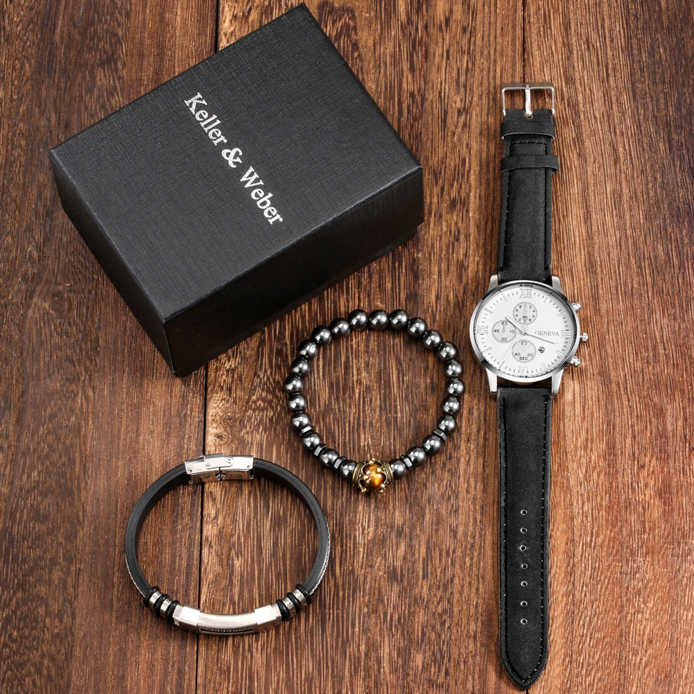 3pcs leather quartz watches bracelet gift set