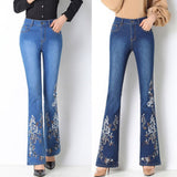 embroidered flower flare denim jeans