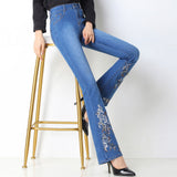 embroidered flower flare denim jeans