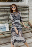 goth mesh dress long sleeve print turtleneck midi dress