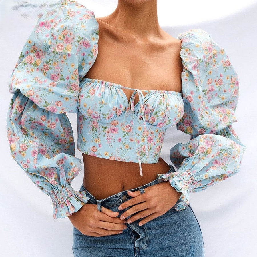 french floral puff sleeve square collar blouse