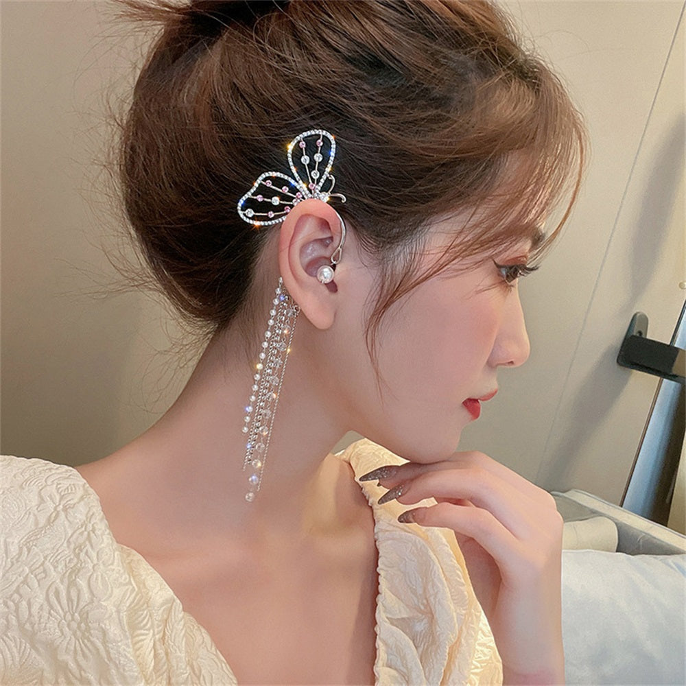 long butterfly clip pearl earring