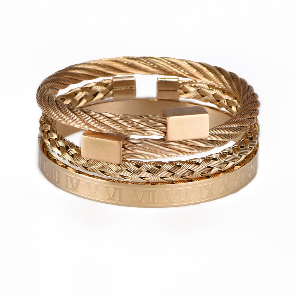 roman number charm woven stainless steel bracelet