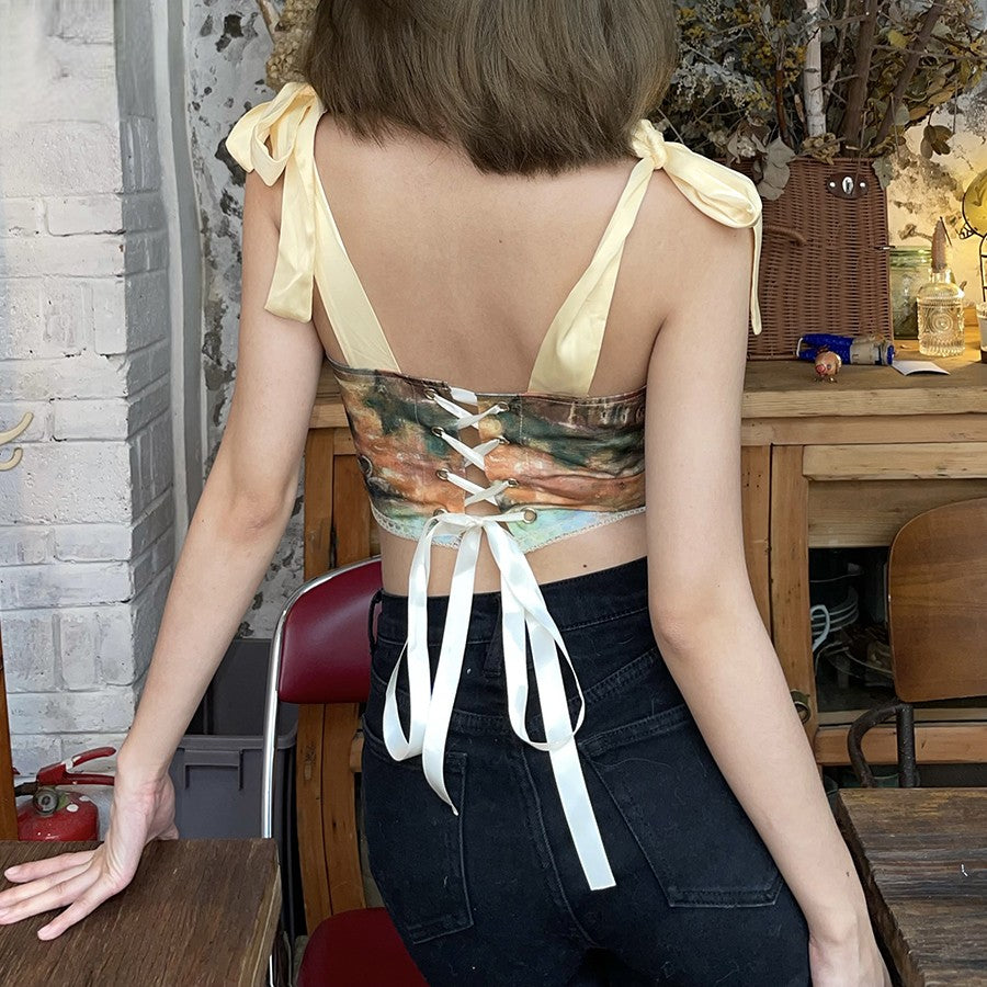 mesh strap lace trim printed corset top