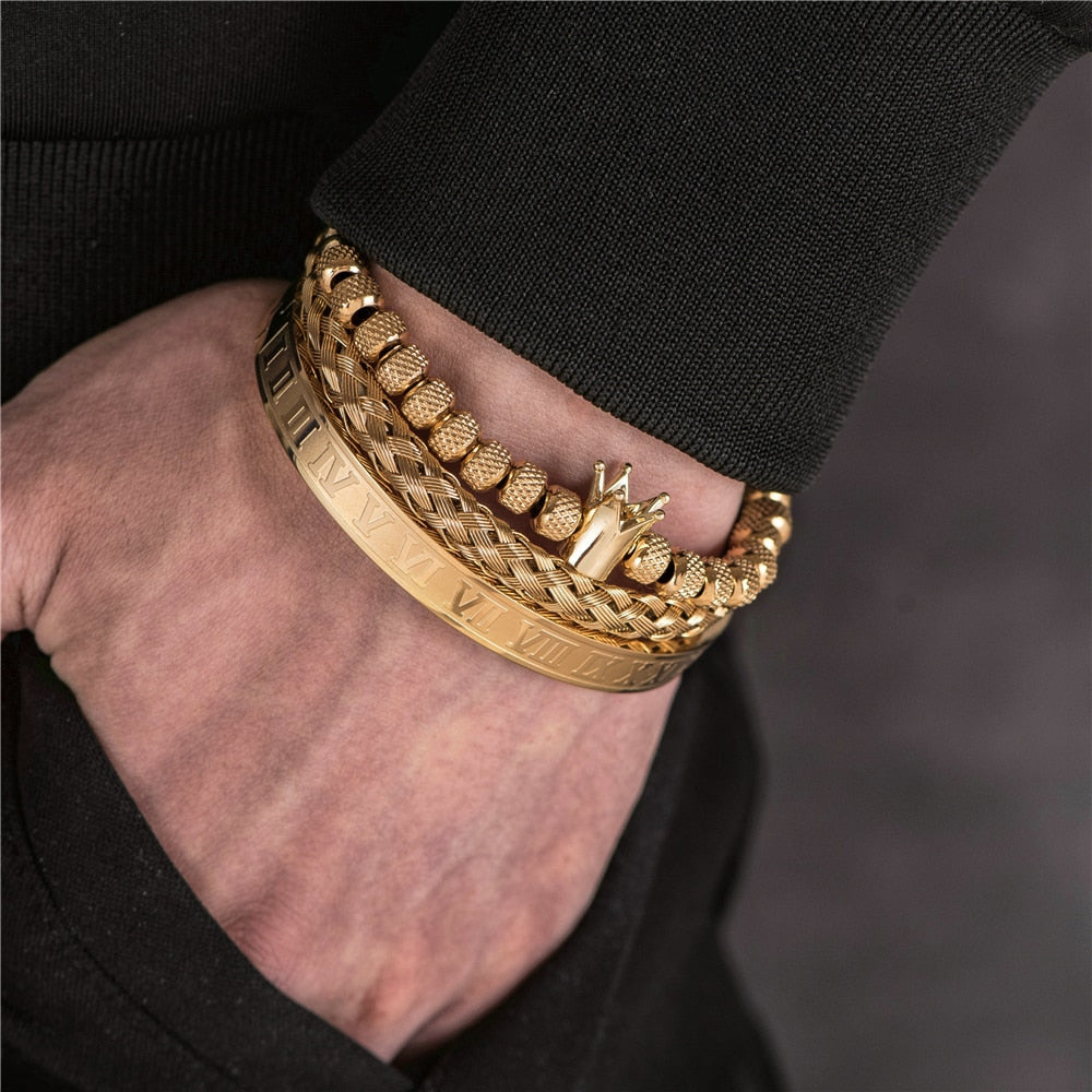 3pcs set stainless steel roman number charm bracelet bangles