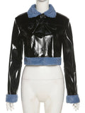 plush trim patchwork pu leather cropped jacket mini skirt
