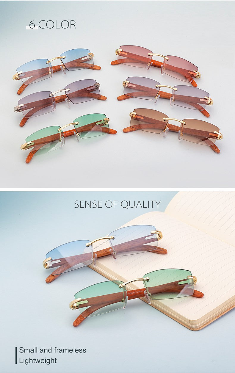 natural wooden rimless square sunglasses