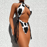 cow skin print halter hollow out tassels one piece swimwear