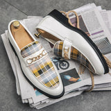 plaid stripe leather with metal strap loafer