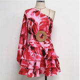 floral printed a line one shoulder balloon sleeve pleated dress