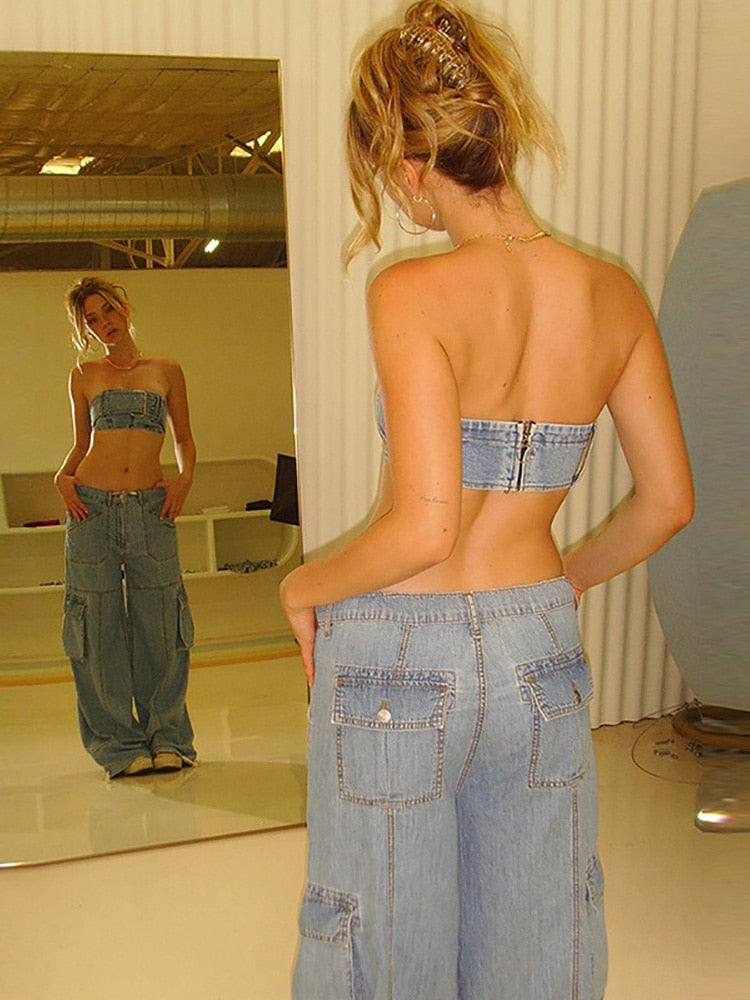 y2k retro zipper tube tops and big pockets low rise wide leg jeans sets