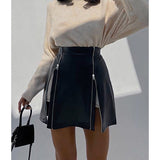 zipper high waist streetwear pu leathert mini skirt