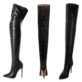faux leather pointed thin heeled over the knee boots