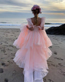 short puff sleeves ruffles with slit prom party gowns