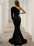 one shoulder puff sleeve sequin prom dress