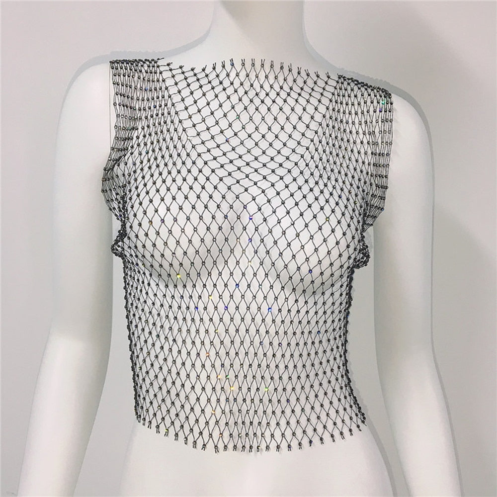 sleeveless mesh diamond crop top