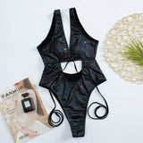 croc leather hollow out one piece swimsuit