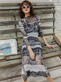 goth mesh dress long sleeve print turtleneck midi dress
