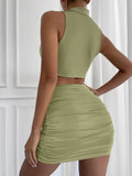ruched hollow out sleeveless crop top and skirt set