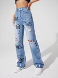 butterfly print hole wash high waisted jeans