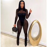 striped mesh patchwork long sleeve bodycon jumpsuit