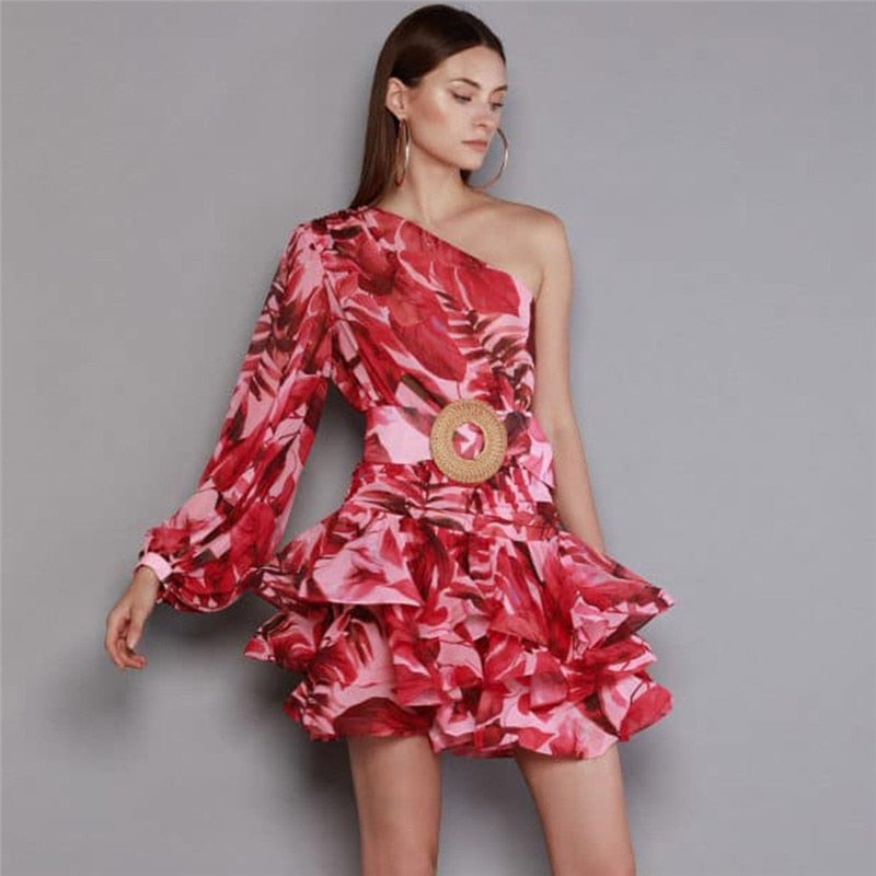 floral printed a line one shoulder balloon sleeve pleated dress
