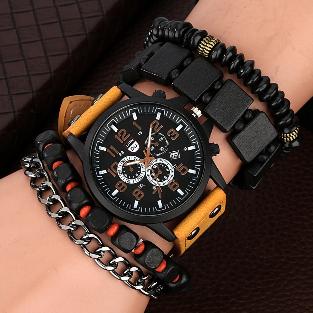 leather band casual quartz watch with bracelet for men gift set