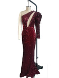 one shoulder puff sleeve sequin prom dress