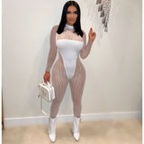 striped mesh patchwork long sleeve bodycon jumpsuit