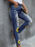 leopard patchwork sunflower print with pockets distressed high waist jeans