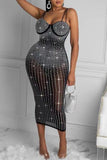 Fashion Sexy Hot Drilling See-through Spaghetti Strap Sling Dress