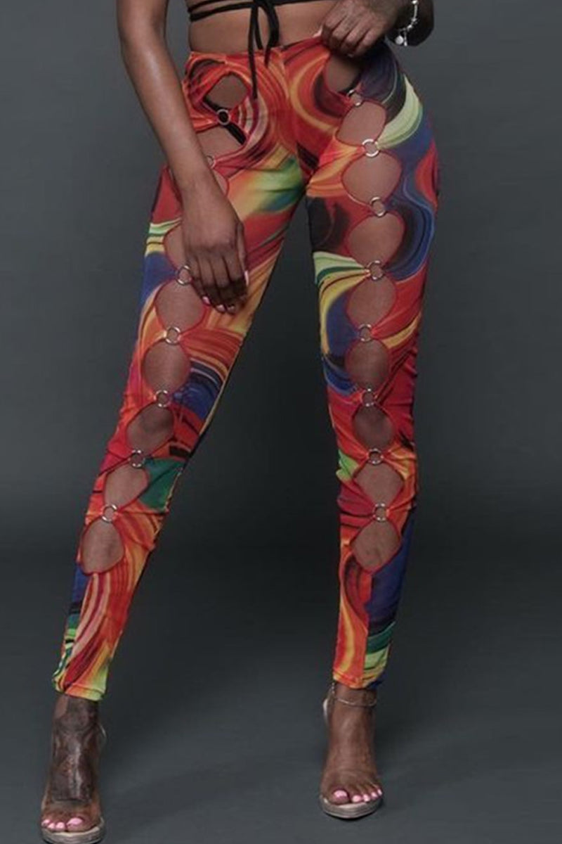 Fashion Sexy Print Hollowed Out Skinny High Waist Pencil Trousers