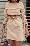 Fashion Adult Elegant Polyester Solid Draw String Fold O Neck Long Sleeve Regular Sleeve Short Two Pieces