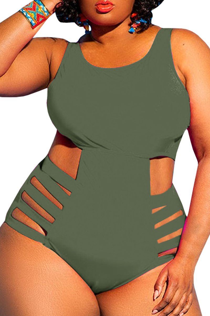 Sexy Solid Hollowed Out U Neck Plus Size Swimwear