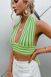 striped halter neck backless cropped top