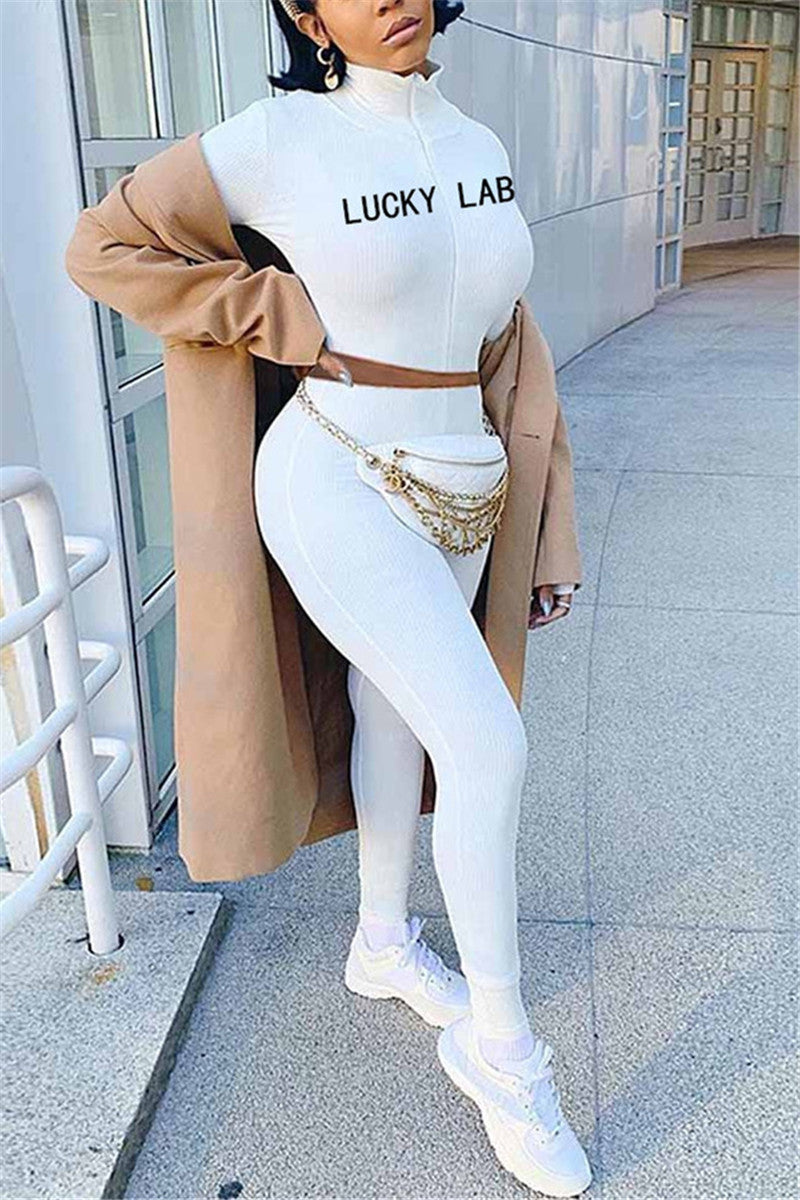 Fashion Sexy adult Ma'am Letter Solid Two Piece Suits pencil Long Sleeve Two Pieces