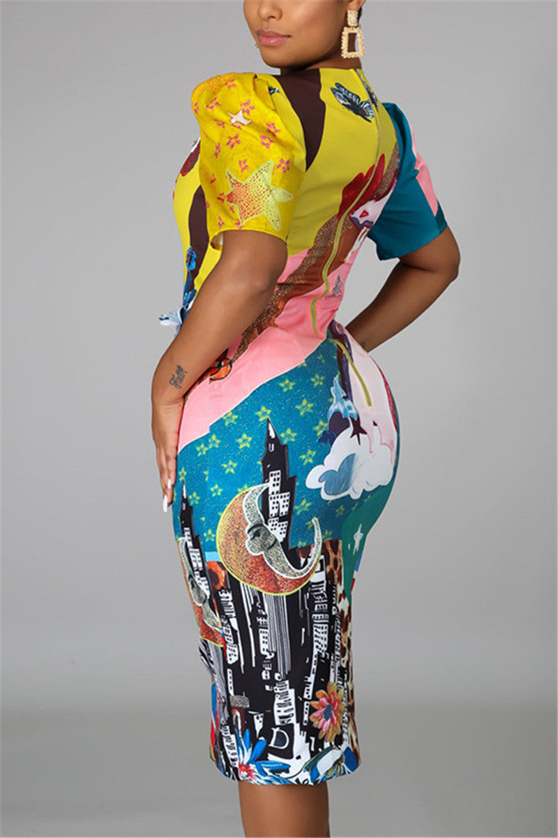Fashion Casual Hubble-Bubble Sleeve Short Sleeve O Neck Printed Dress Knee Length Print Dresses
